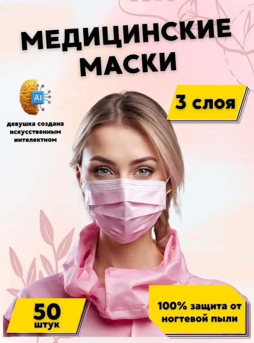 Маски медицинские 3-х слойные, розовые, 50 шт.