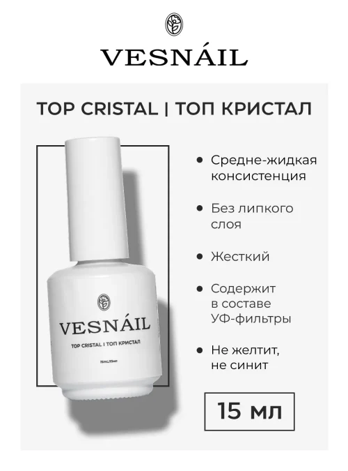 Топ Crystal для ногтей без липкого слоя, 15 мл.